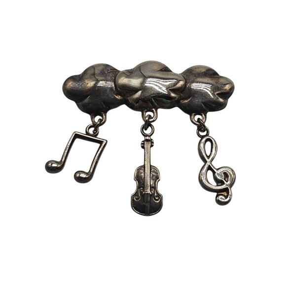 Vintage Silver Tone Musical Cloud Pin With Treble Clef Note & Violin Charms - Picture 1 of 4